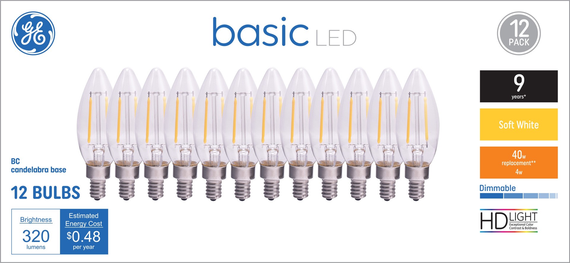 slide 1 of 6, GE Basic 40 -Watt EQ B11 Soft white Dimmable LED Decorative Light Bulb 12 -Pack, 1 ct