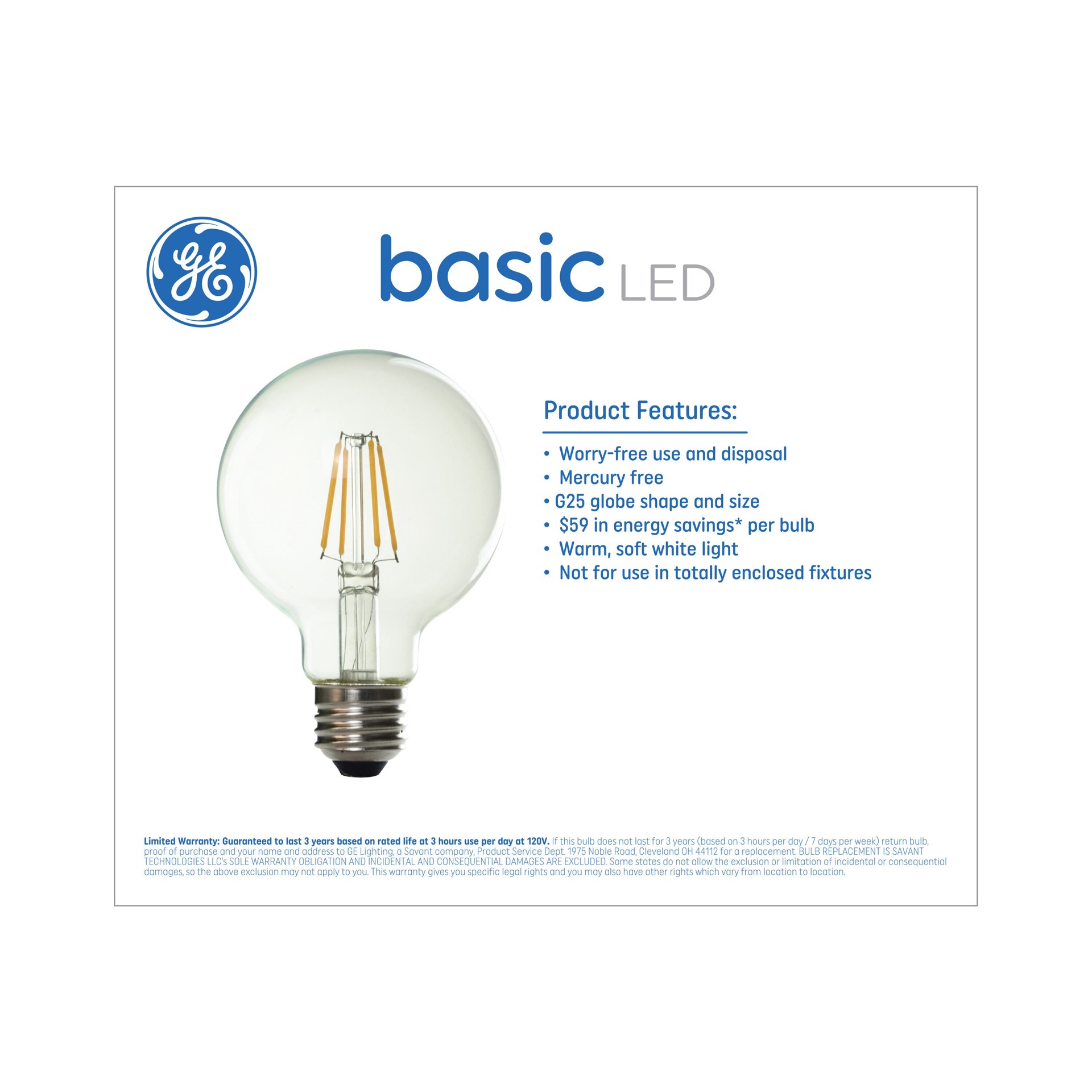 slide 4 of 6, GE Basic 60 -Watt EQ G25 Soft white Dimmable LED Decorative Light Bulb 4 -Pack, 1 ct
