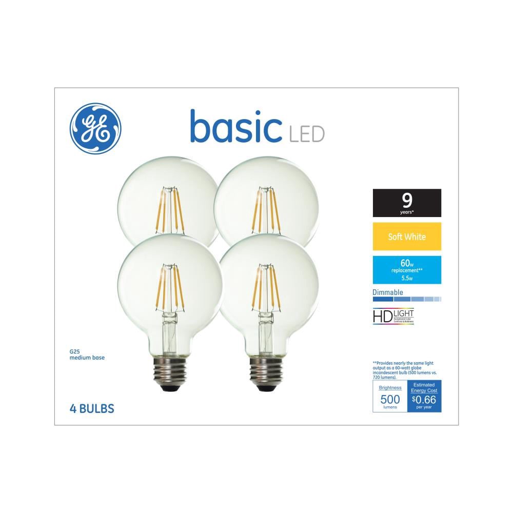 slide 1 of 6, GE Basic 60 -Watt EQ G25 Soft white Dimmable LED Decorative Light Bulb 4 -Pack, 1 ct