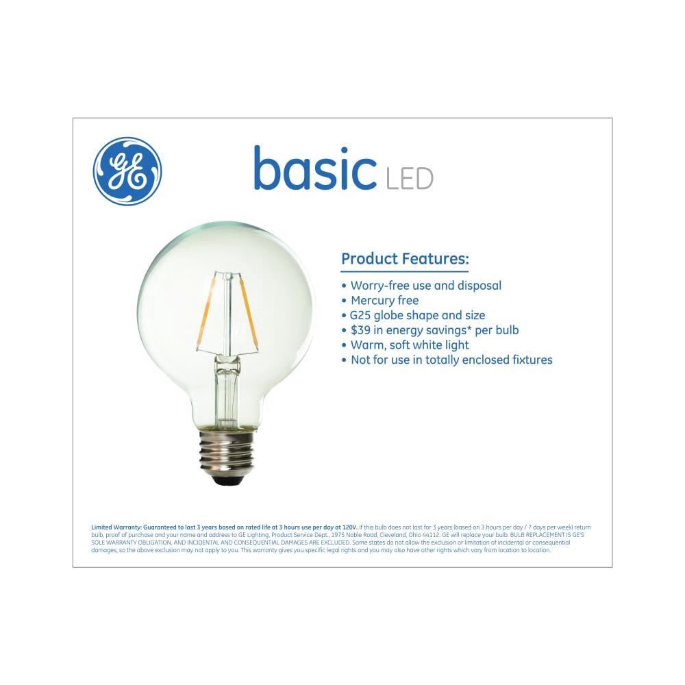 slide 4 of 6, GE Basic 40 -Watt EQ G25 Soft white Medium base (E-26) Dimmable LED Decorative Light Bulb 4 -Pack, 1 ct