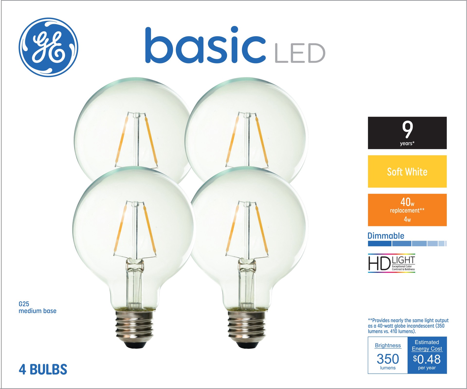 slide 1 of 6, GE Basic 40 -Watt EQ G25 Soft white Medium base (E-26) Dimmable LED Decorative Light Bulb 4 -Pack, 1 ct