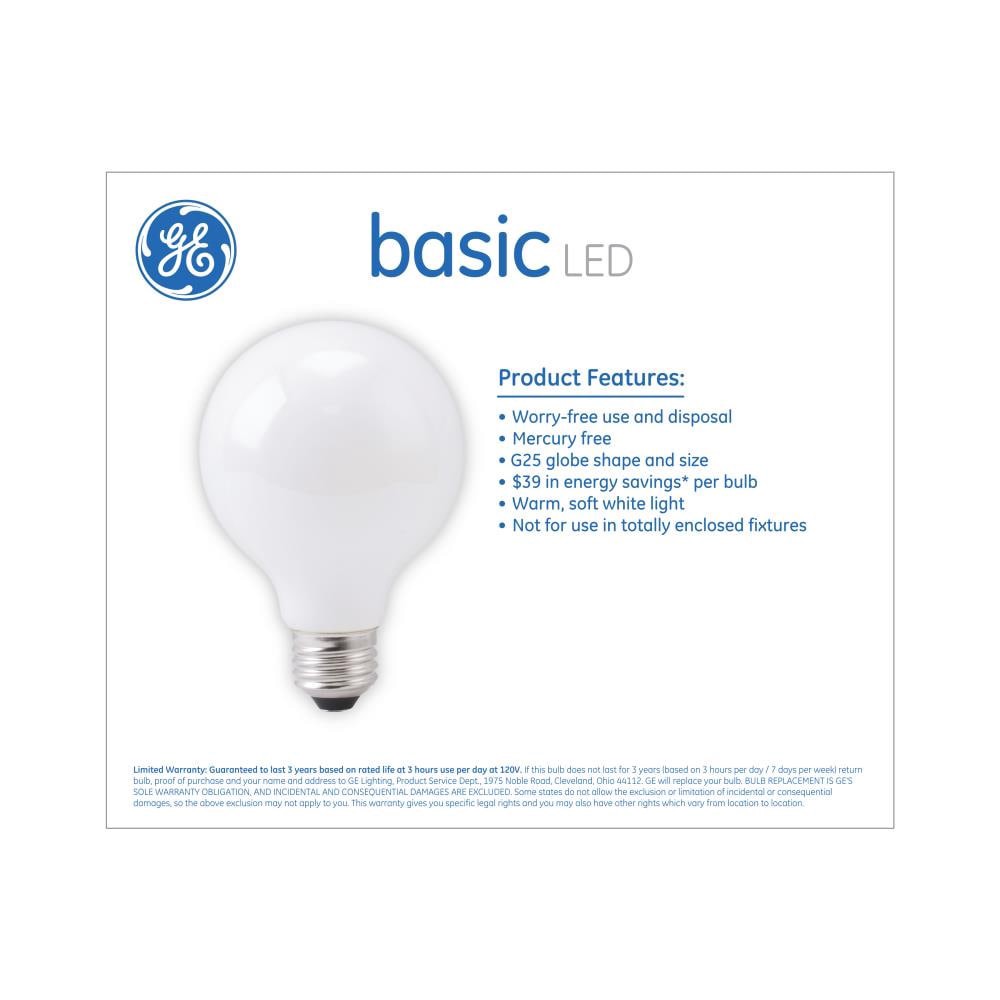 slide 4 of 6, GE Basic 40 -Watt EQ G25 Soft white Dimmable LED General purpose Light Bulb 4 -Pack, 1 ct