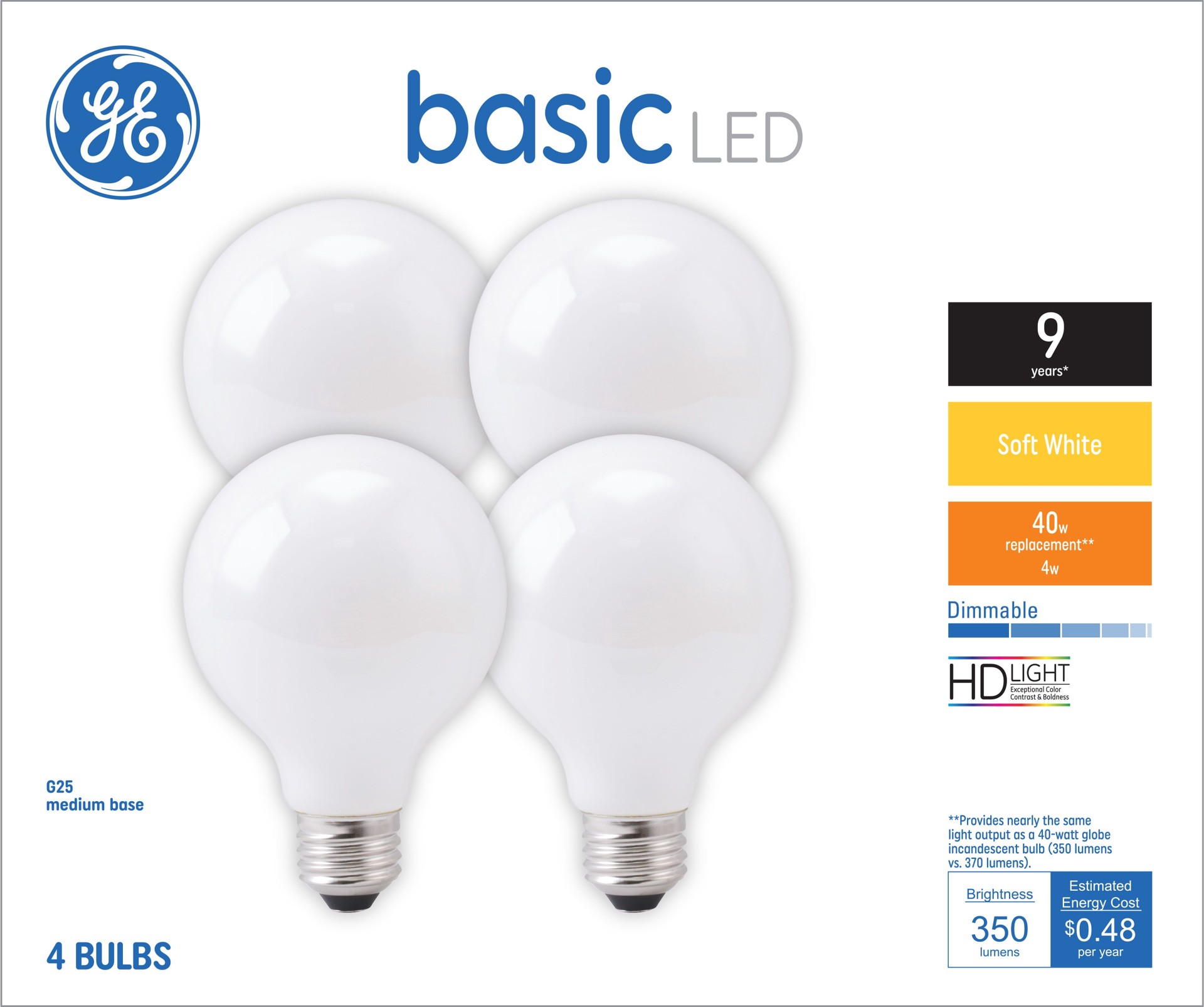 slide 1 of 6, GE Basic 40 -Watt EQ G25 Soft white Dimmable LED General purpose Light Bulb 4 -Pack, 1 ct