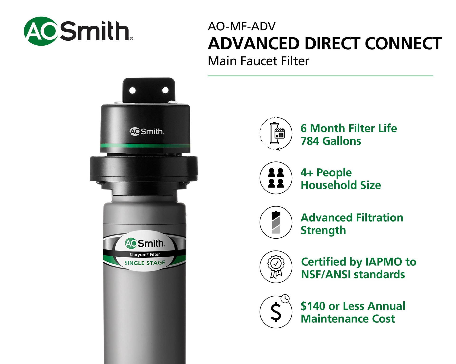 slide 3 of 6, A.O. Smith Advanced Direct Connect Single-stage Carbon Block Under Sink Water Filtration System, 1 ct