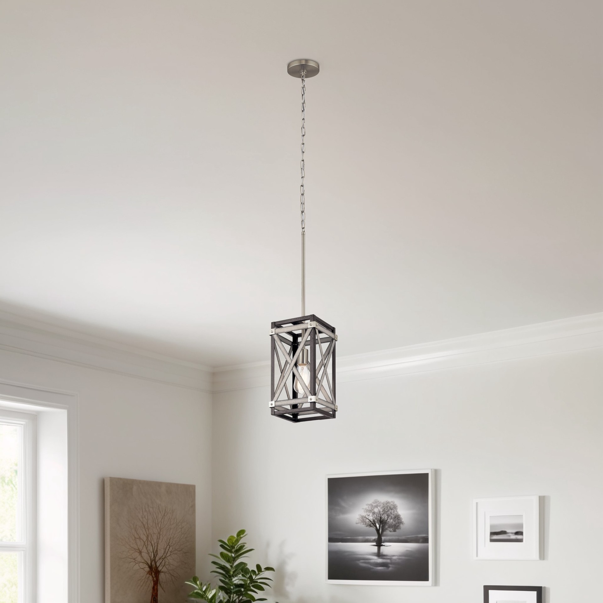 slide 2 of 6, Kichler Stetton 1 -Light Anvil Iron and Distressed Antique Grey Farmhouse Square Small Hanging Pendant light, 1 ct