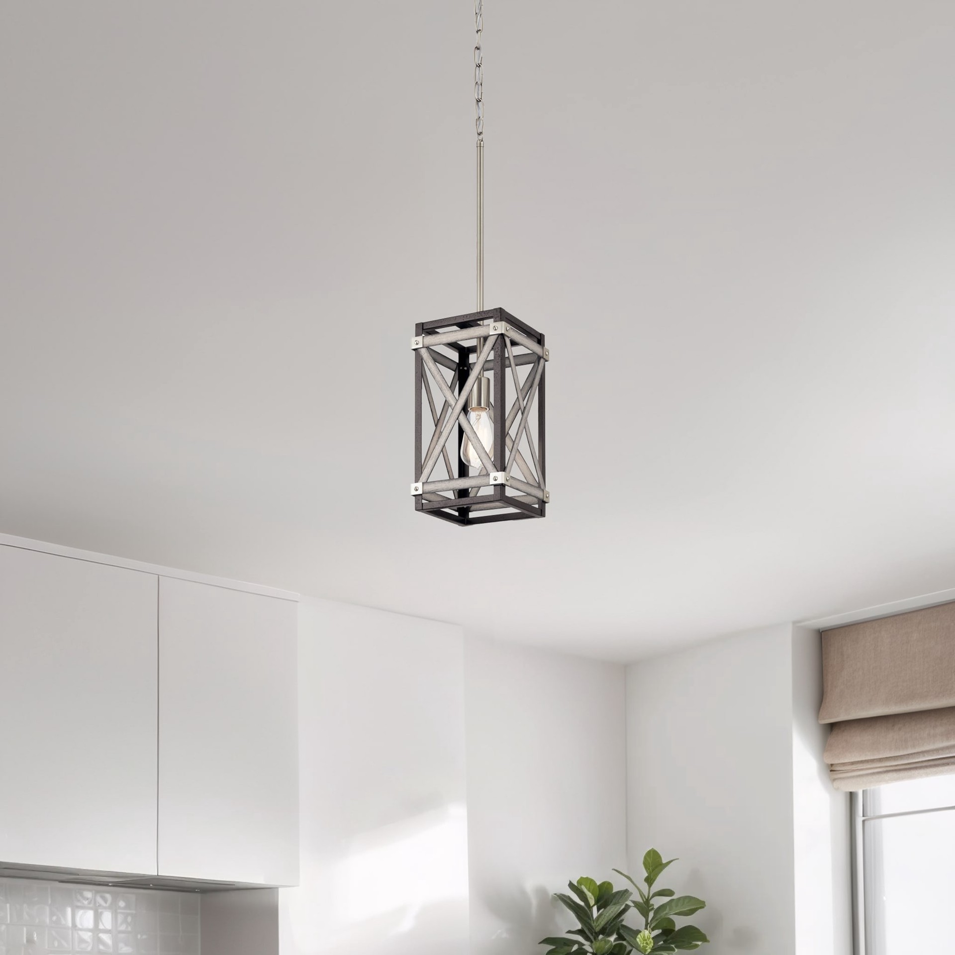 slide 3 of 6, Kichler Stetton 1 -Light Anvil Iron and Distressed Antique Grey Farmhouse Square Small Hanging Pendant light, 1 ct