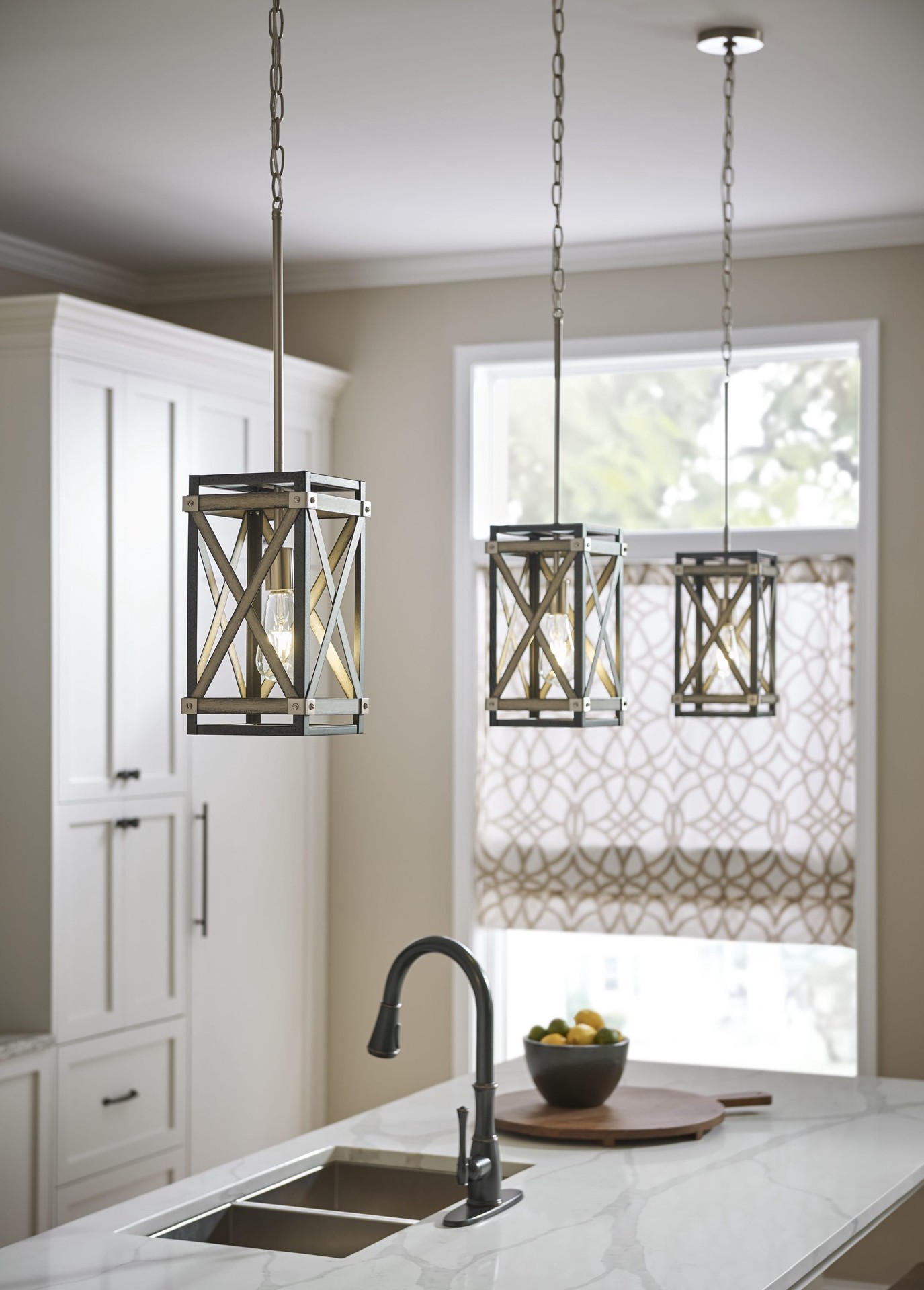 slide 4 of 6, Kichler Stetton 1 -Light Anvil Iron and Distressed Antique Grey Farmhouse Square Small Hanging Pendant light, 1 ct