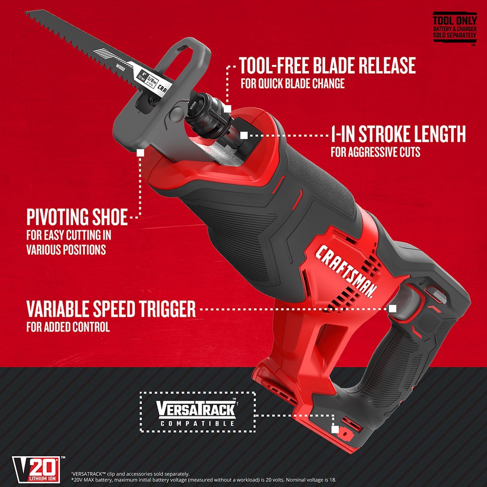 slide 2 of 6, CRAFTSMAN V20 20-volt Max Variable Speed Cordless Reciprocating Saw, 1 ct