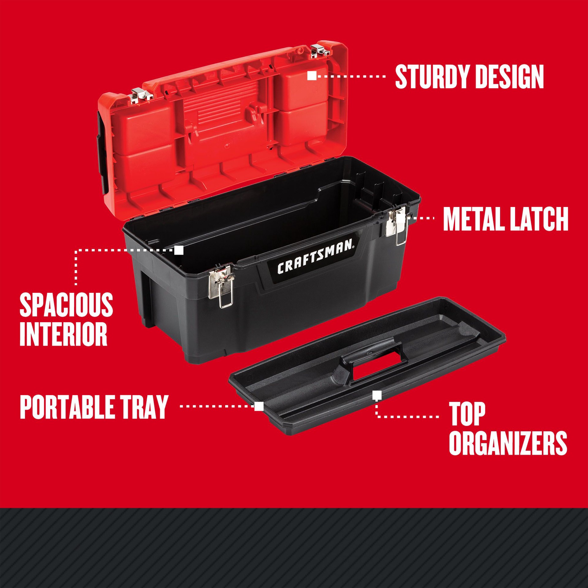 slide 3 of 6, CRAFTSMAN 19.27-in W x 9.75-in H x 9.8-in D Red and Black Plastic Tool Box, 1 ct