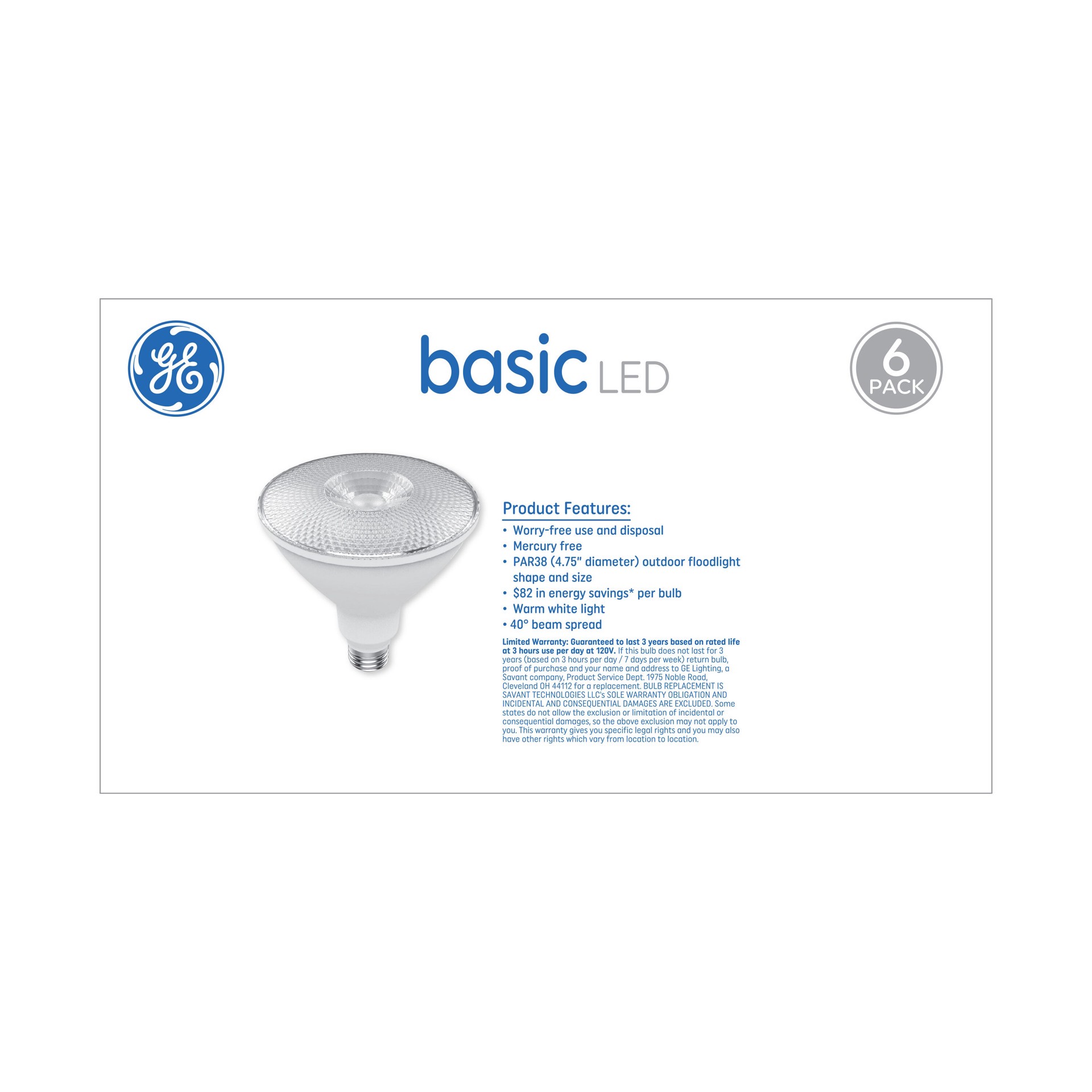 slide 4 of 6, GE Basic 90 -Watt EQ PAR38 Warm white Medium base (E-26) Dimmable LED Spot Flood Light Bulb 6 -Pack, 1 ct