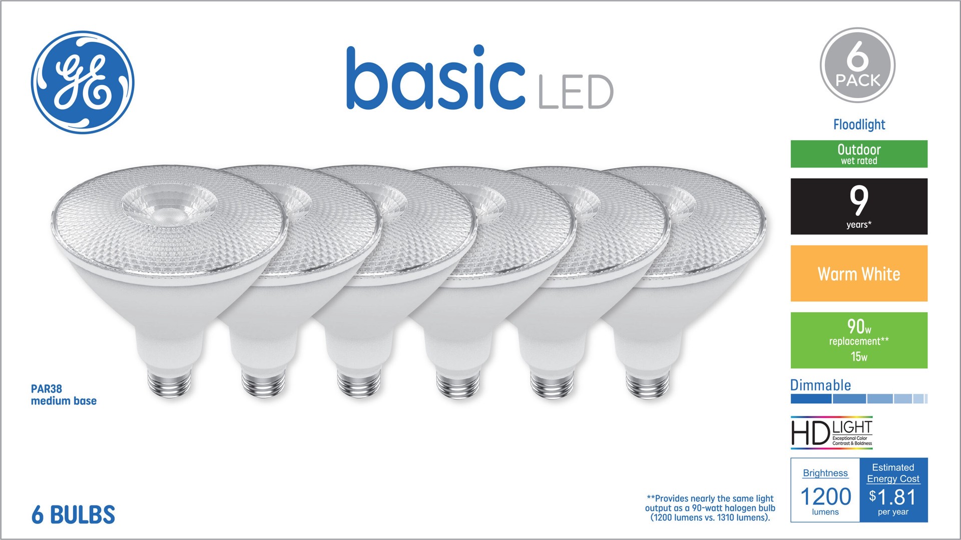 slide 1 of 6, GE Basic 90 -Watt EQ PAR38 Warm white Medium base (E-26) Dimmable LED Spot Flood Light Bulb 6 -Pack, 1 ct