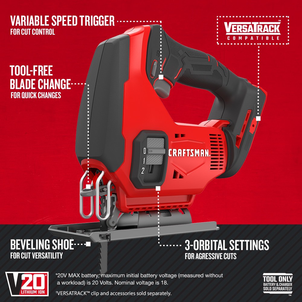 slide 2 of 6, CRAFTSMAN V20 20-volt Max Variable Speed Keyless Cordless Jigsaw (Bare Tool), 1 ct