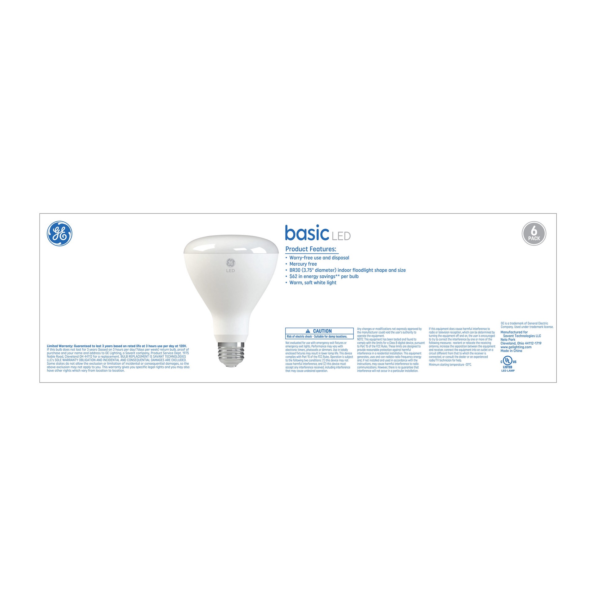 slide 4 of 6, GE Basic 65 -Watt EQ BR30 Soft white Medium base (E-26) Dimmable LED Spot Flood Light Bulb 6 -Pack, 1 ct