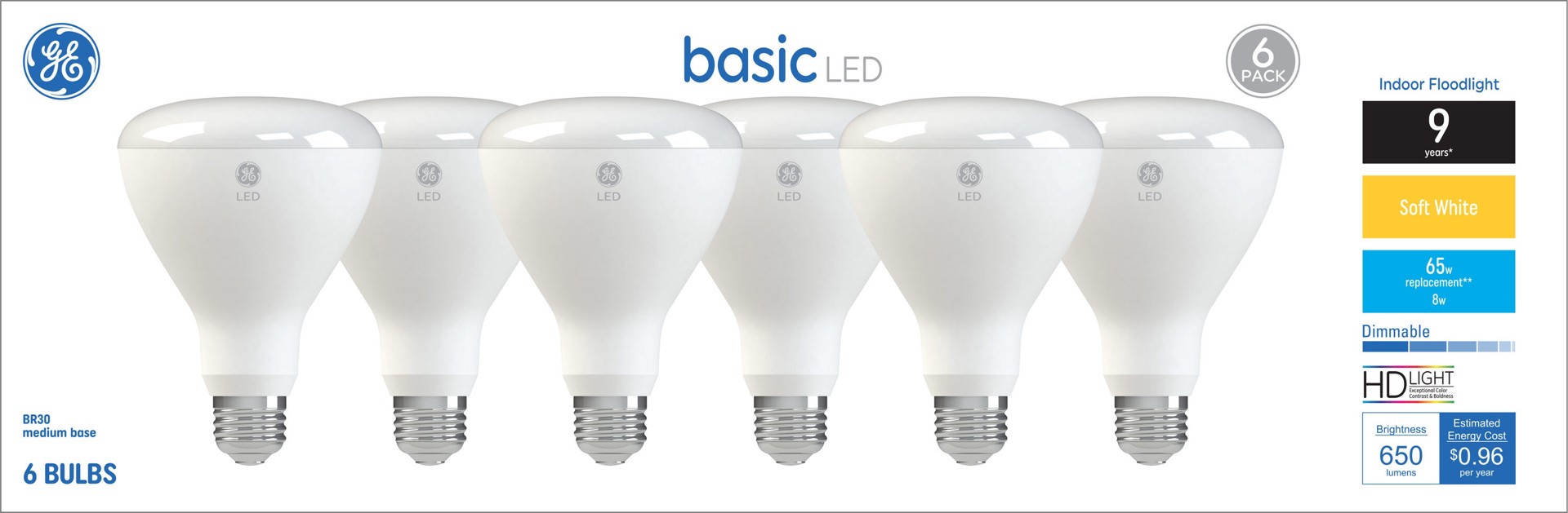 slide 1 of 6, GE Basic 65 -Watt EQ BR30 Soft white Medium base (E-26) Dimmable LED Spot Flood Light Bulb 6 -Pack, 1 ct