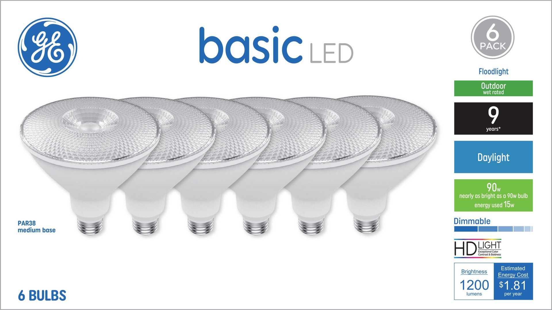 slide 1 of 6, GE 90 -Watt EQ PAR38 Daylight Medium base (E-26) Dimmable LED Spot Flood Light Bulb 6 -Pack, 1 ct