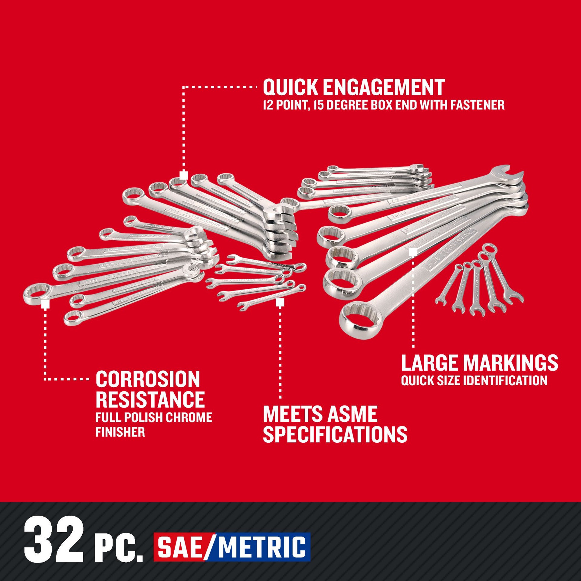 slide 4 of 6, CRAFTSMAN 32 -Piece Set Metric and standard (SAE) Standard Combination Wrench (no case), 1 ct