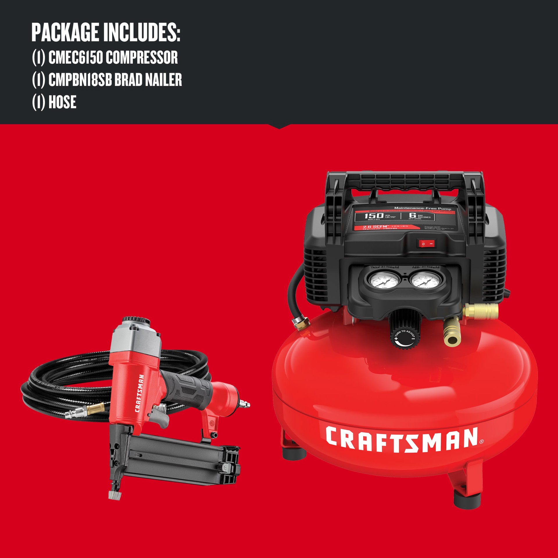 slide 3 of 6, CRAFTSMAN 6-Gallon Portable Electric 150 PSI Pancake Air Compressor with Accessories Included, 1 ct