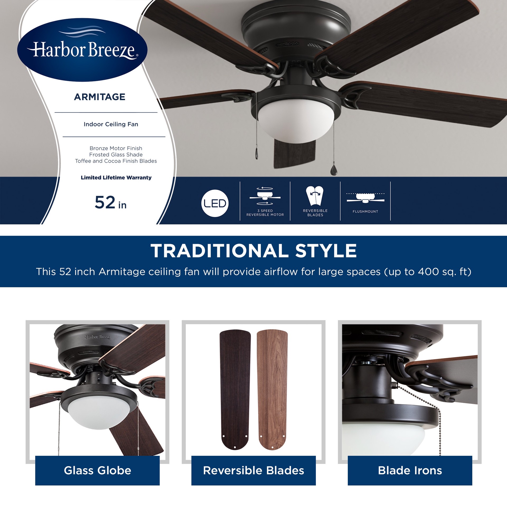 slide 5 of 6, Harbor Breeze Armitage 52-in Bronze with Toffee/cocoa Blades Flush Mount Ceiling Fan With Light 5 -Blade, 1 ct