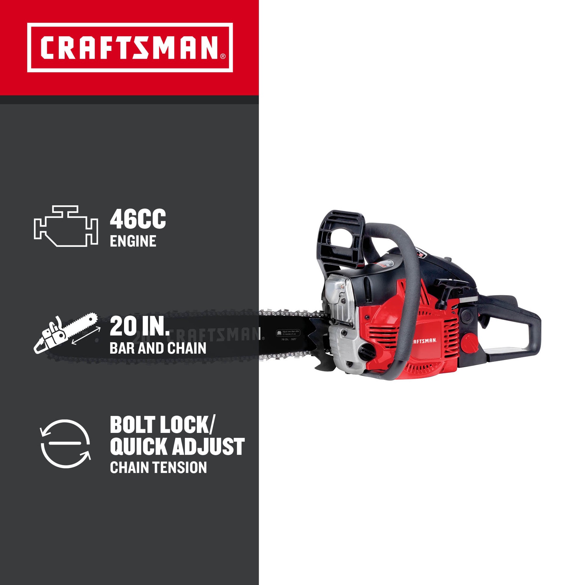 slide 2 of 6, CRAFTSMAN S205 46-cc 2-cycle 20-in Gas Chainsaw, 1 ct