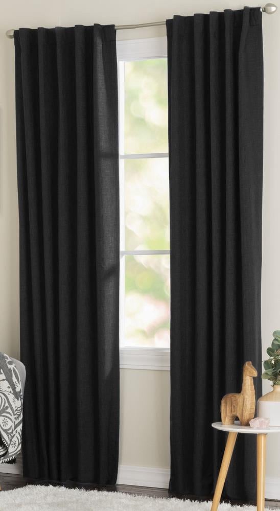 slide 1 of 4, LIVING LOGIC 84-in Black Blackout Thermal lined Back tab Single curtain panel, 1 ct