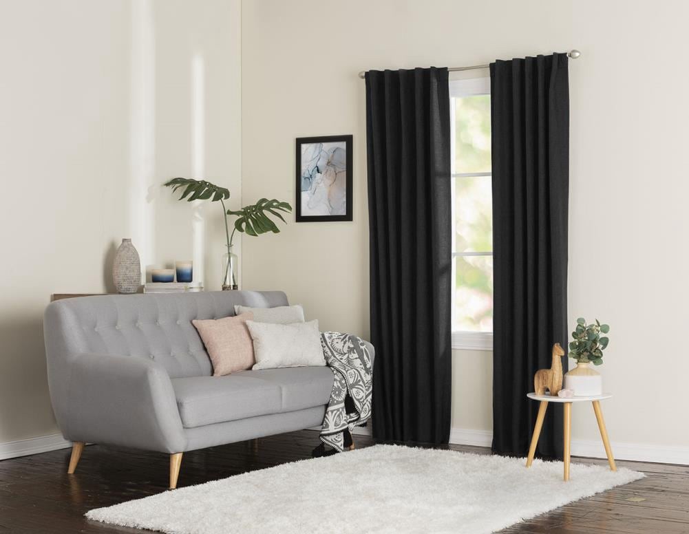 slide 4 of 4, LIVING LOGIC 84-in Black Blackout Thermal lined Back tab Single curtain panel, 1 ct
