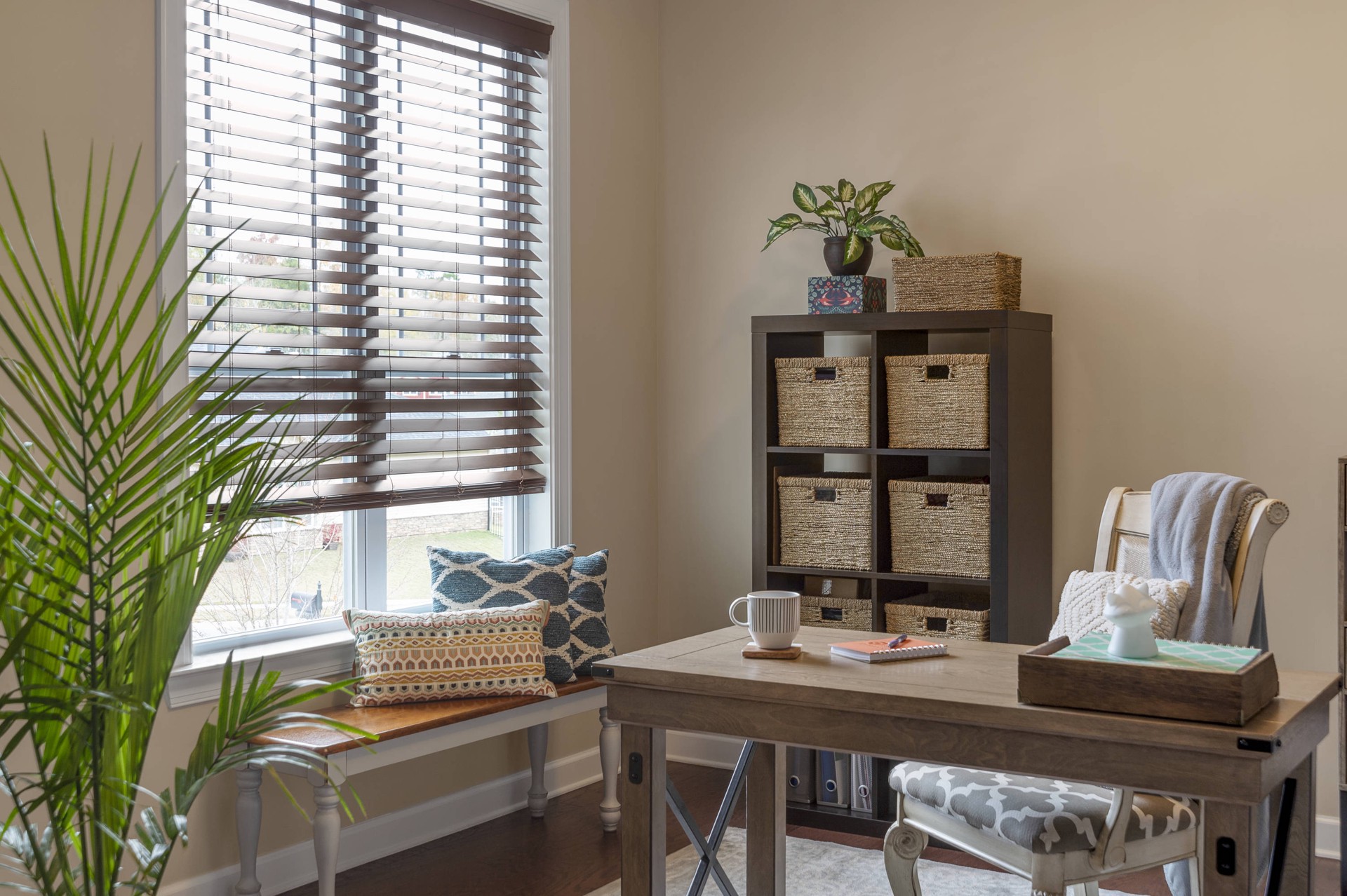 slide 4 of 6, LEVOLOR Trim+Go 2.5-in Slat Width 52-in x 72-in Cordless Walnut Faux Wood Room Darkening Horizontal Blinds, 1 ct