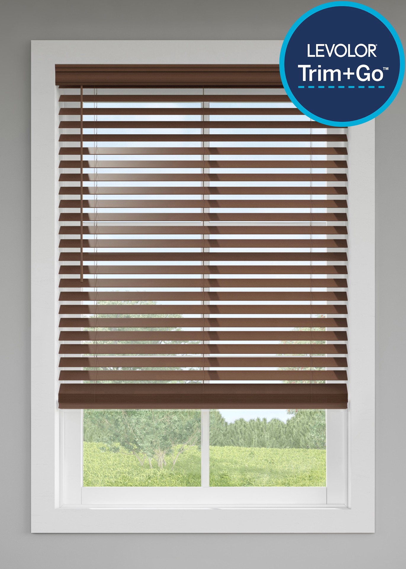 slide 1 of 6, LEVOLOR Trim+Go 2.5-in Slat Width 52-in x 72-in Cordless Walnut Faux Wood Room Darkening Horizontal Blinds, 1 ct