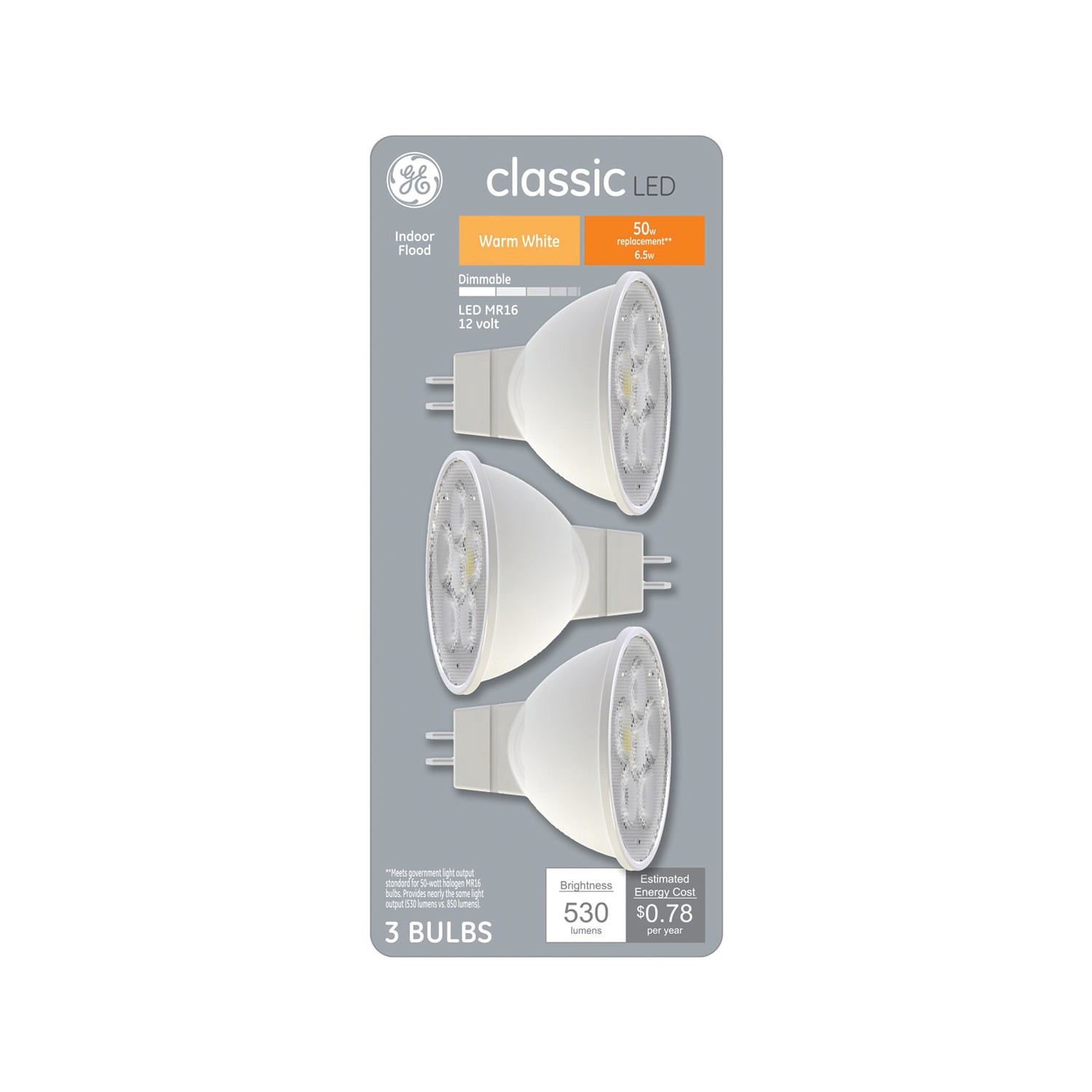 slide 1 of 6, GE Classic 50 -Watt EQ MR16 Warm white Dimmable LED Spot Flood Light Bulb 3 -Pack, 1 ct