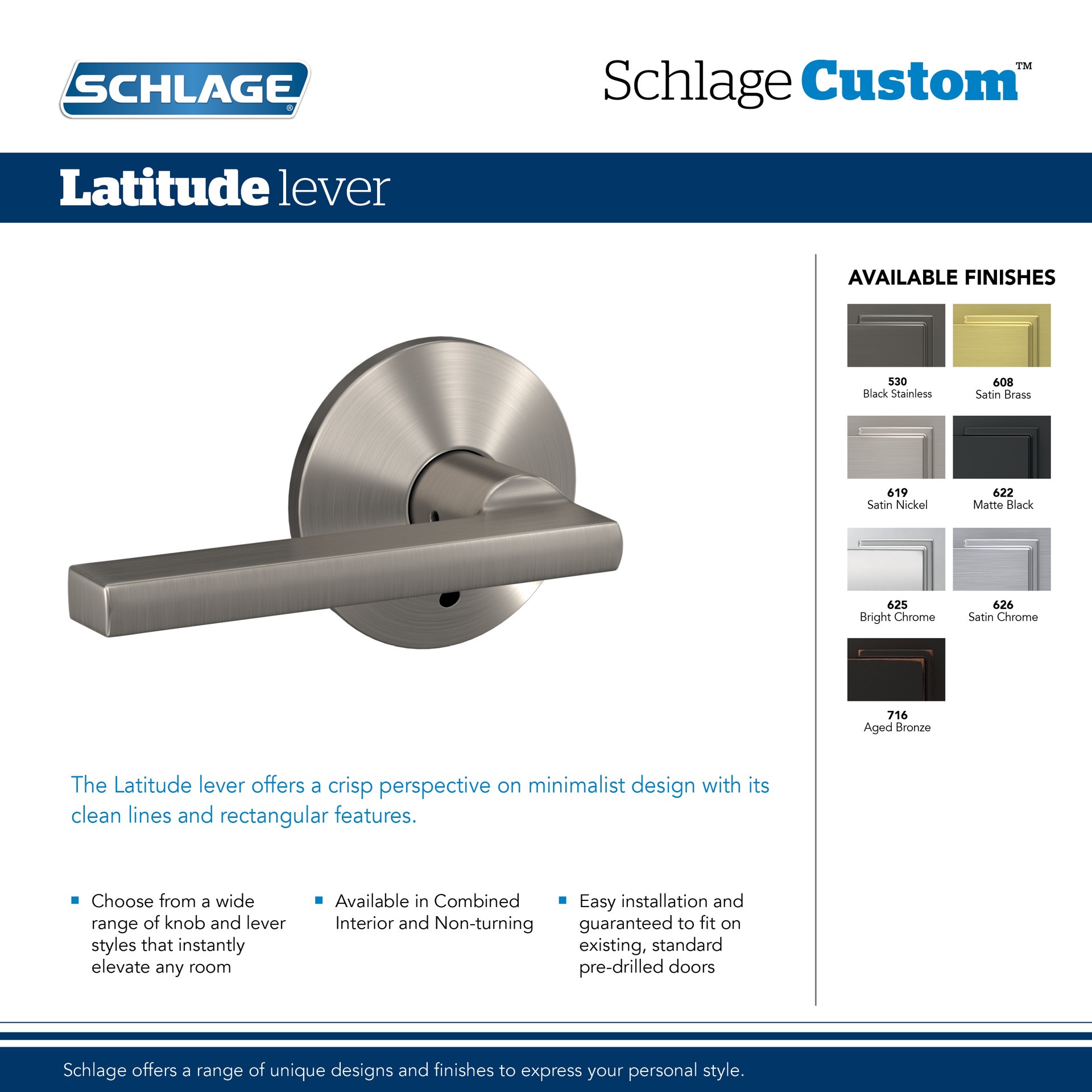 slide 4 of 5, Schlage Custom Latitude - Collins Matte Black Interior or Hall/Closet Dummy Door Handle, 1 ct