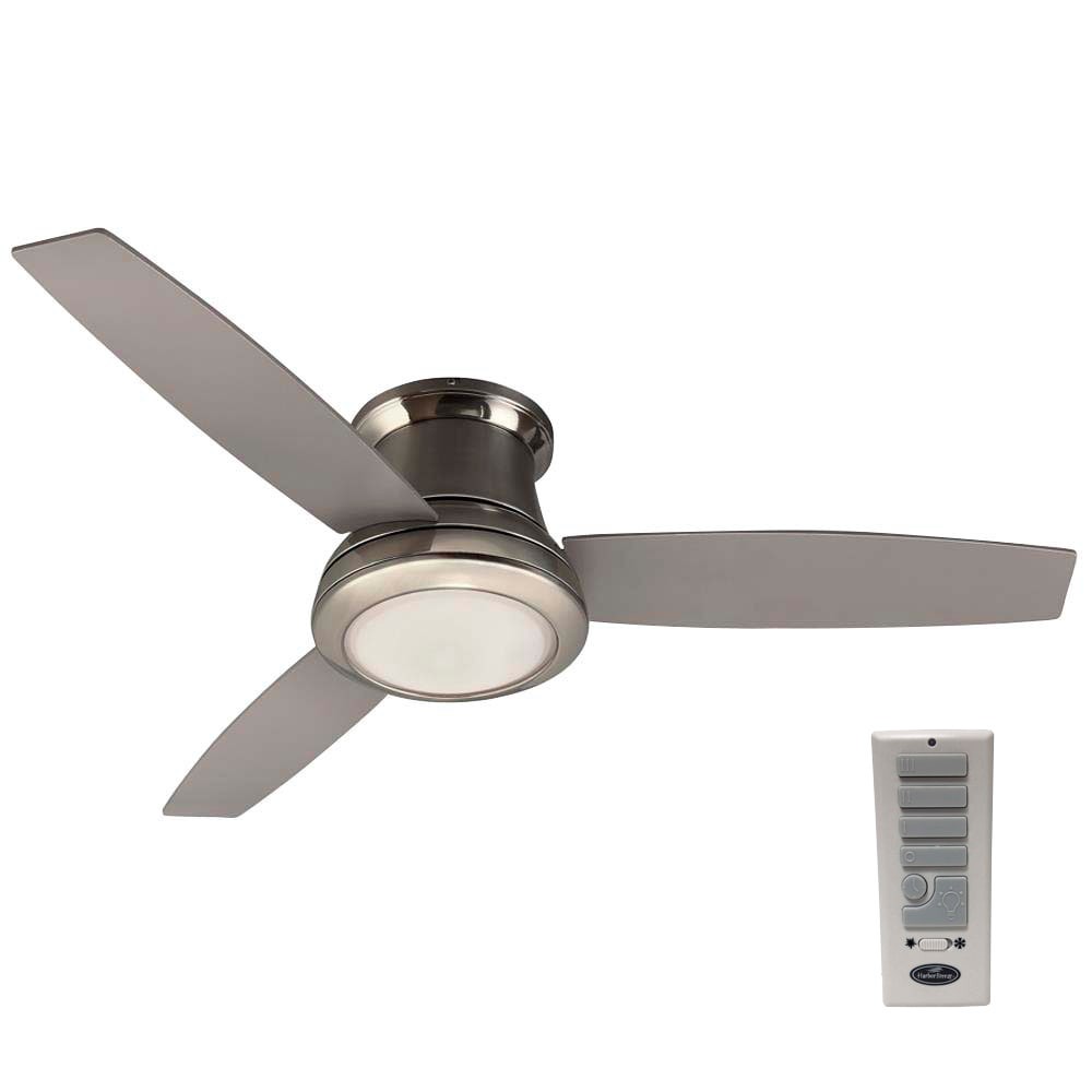 slide 2 of 6, Harbor Breeze Sailstream 52-in Brushed Nickel with Silver Blades Integrated LED Flush Mount Ceiling Fan With Light 3 -Blade, 1 ct