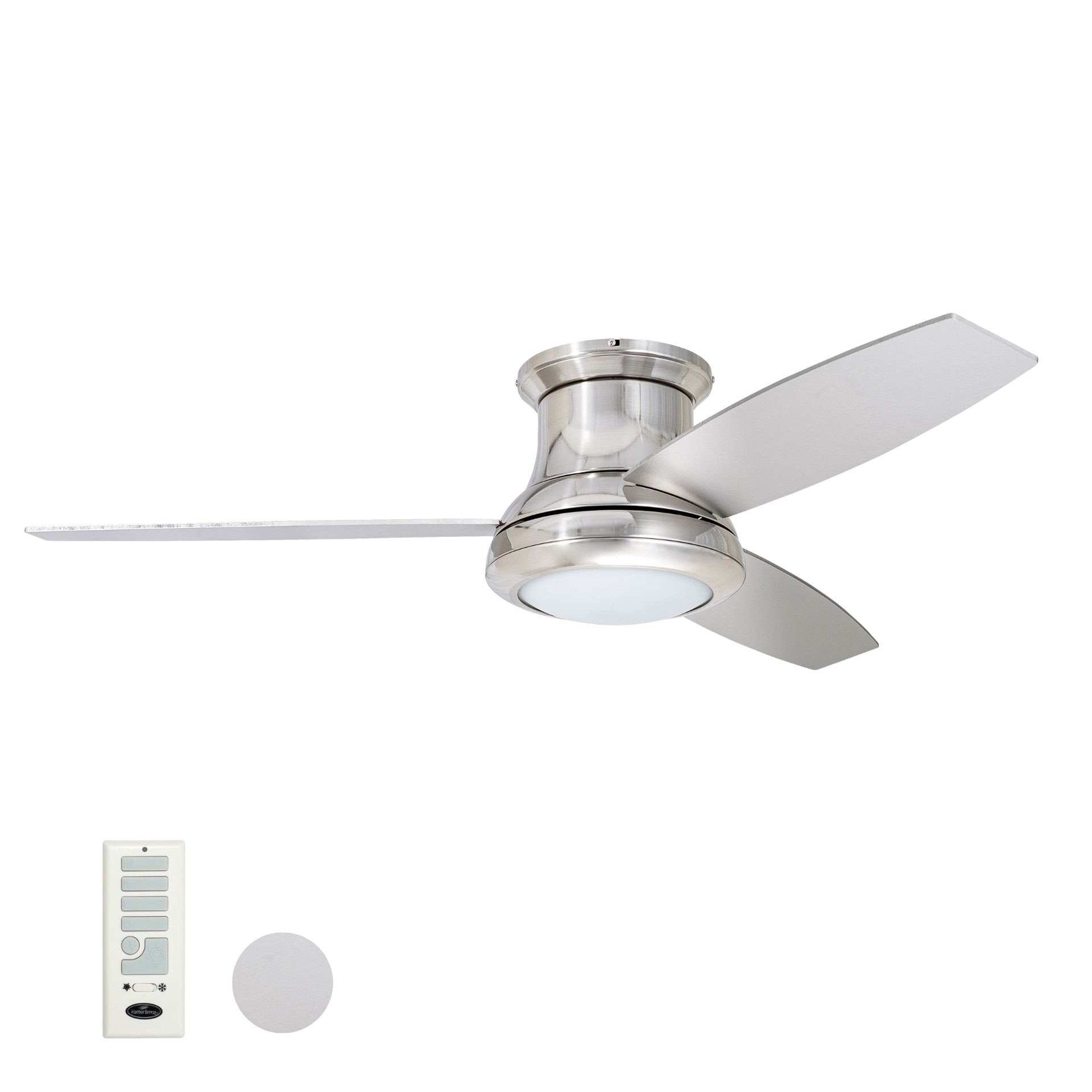 slide 4 of 6, Harbor Breeze Sailstream 52-in Brushed Nickel with Silver Blades Integrated LED Flush Mount Ceiling Fan With Light 3 -Blade, 1 ct