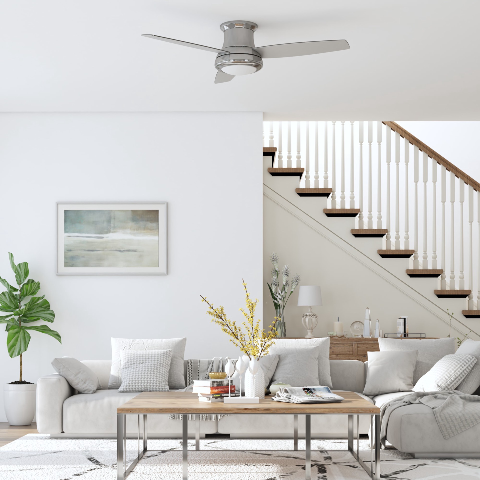 slide 5 of 6, Harbor Breeze Sailstream 52-in Brushed Nickel with Silver Blades Integrated LED Flush Mount Ceiling Fan With Light 3 -Blade, 1 ct