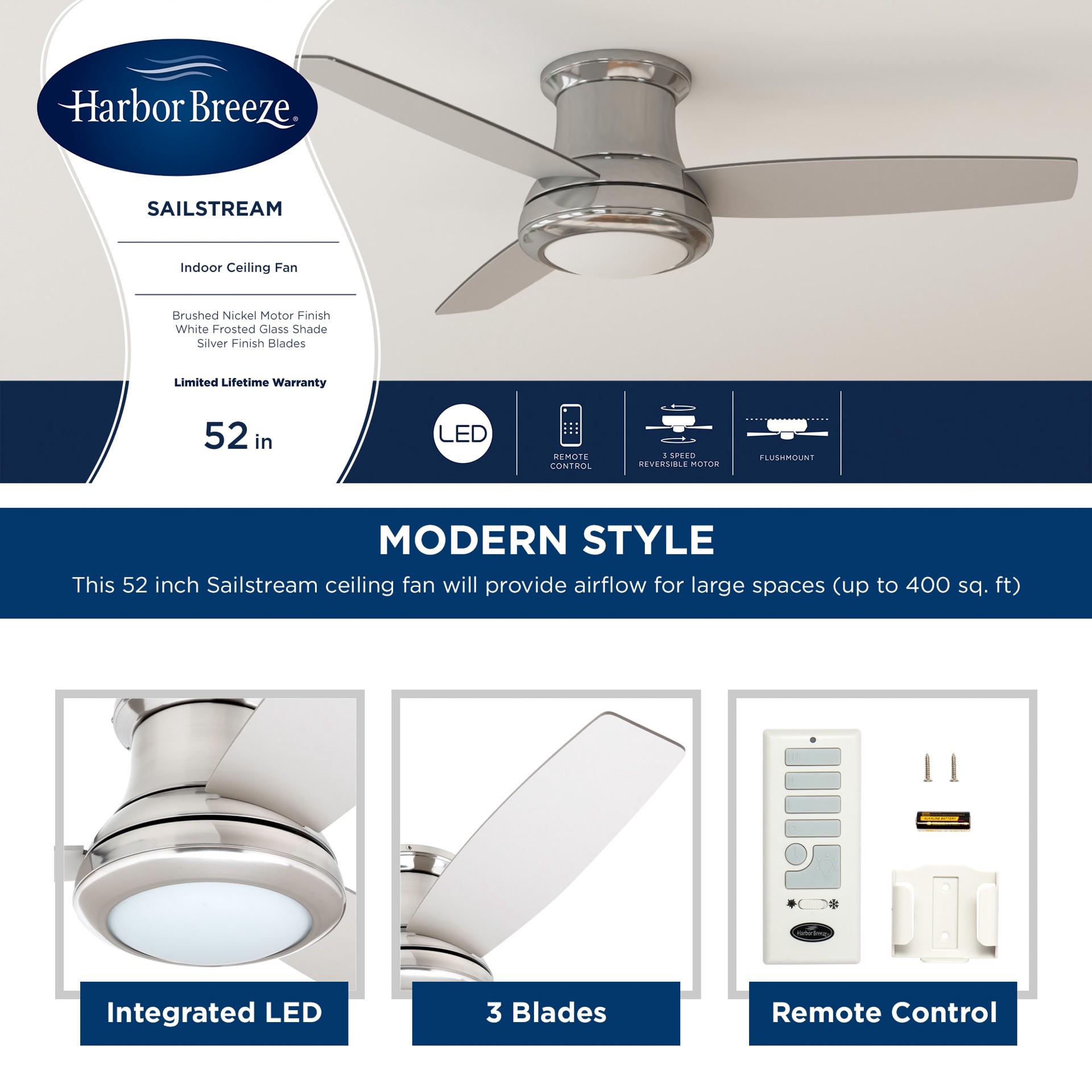 slide 6 of 6, Harbor Breeze Sailstream 52-in Brushed Nickel with Silver Blades Integrated LED Flush Mount Ceiling Fan With Light 3 -Blade, 1 ct