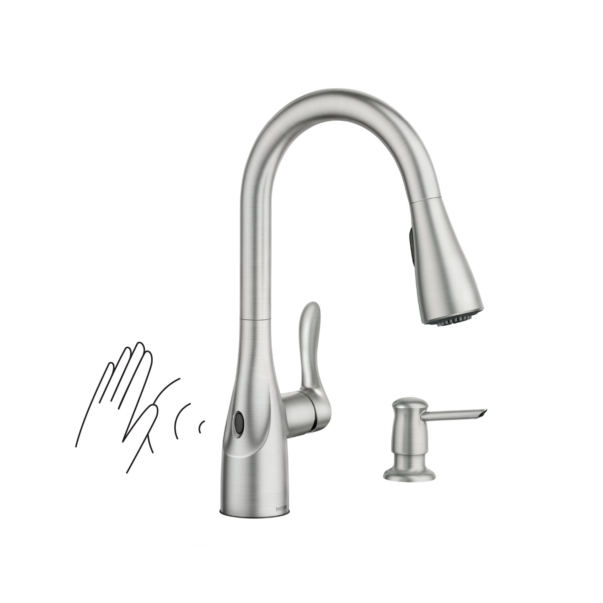 slide 1 of 6, Moen Arlo Spot Resist Stainless Single Handle Deck-mount Pull-down Kitchen Faucet with Sprayer ( Deck Plate Included ) (Soap Dispenser Included), 1 ct