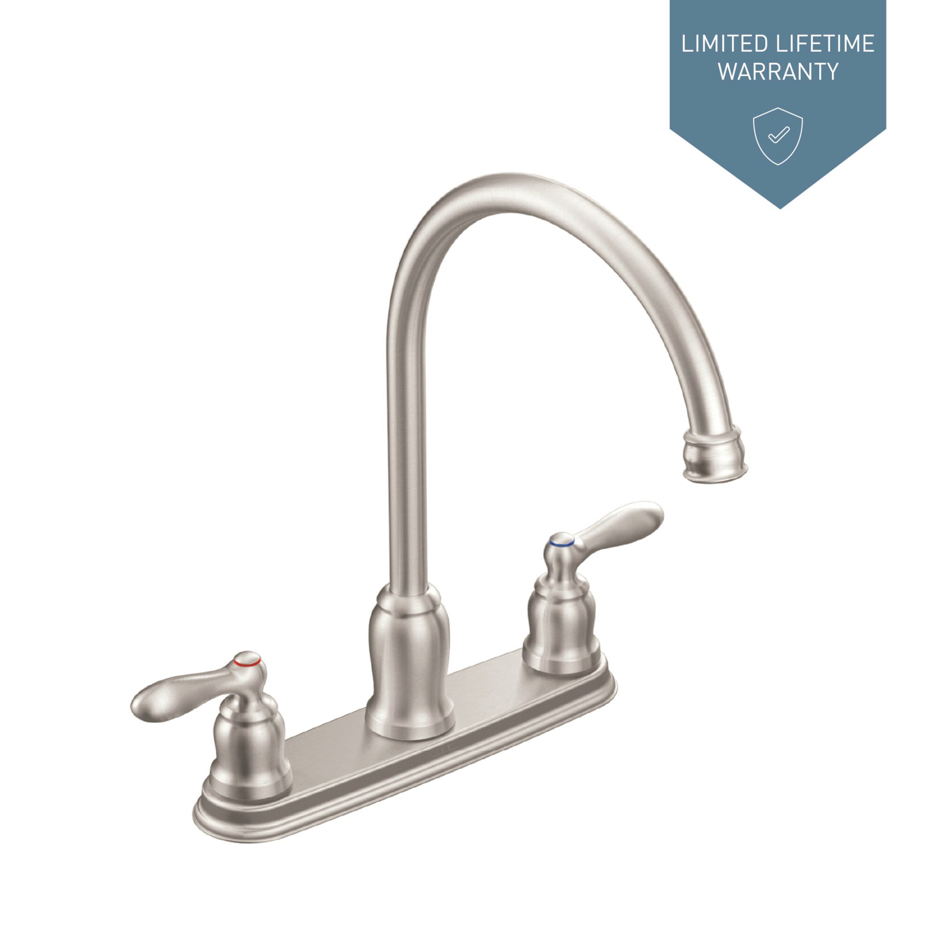 slide 4 of 6, Moen Caldwell Spot Resist Stainless Double Handle Deck-mount Kitchen Faucet ( Deck Plate Included ), 1 ct