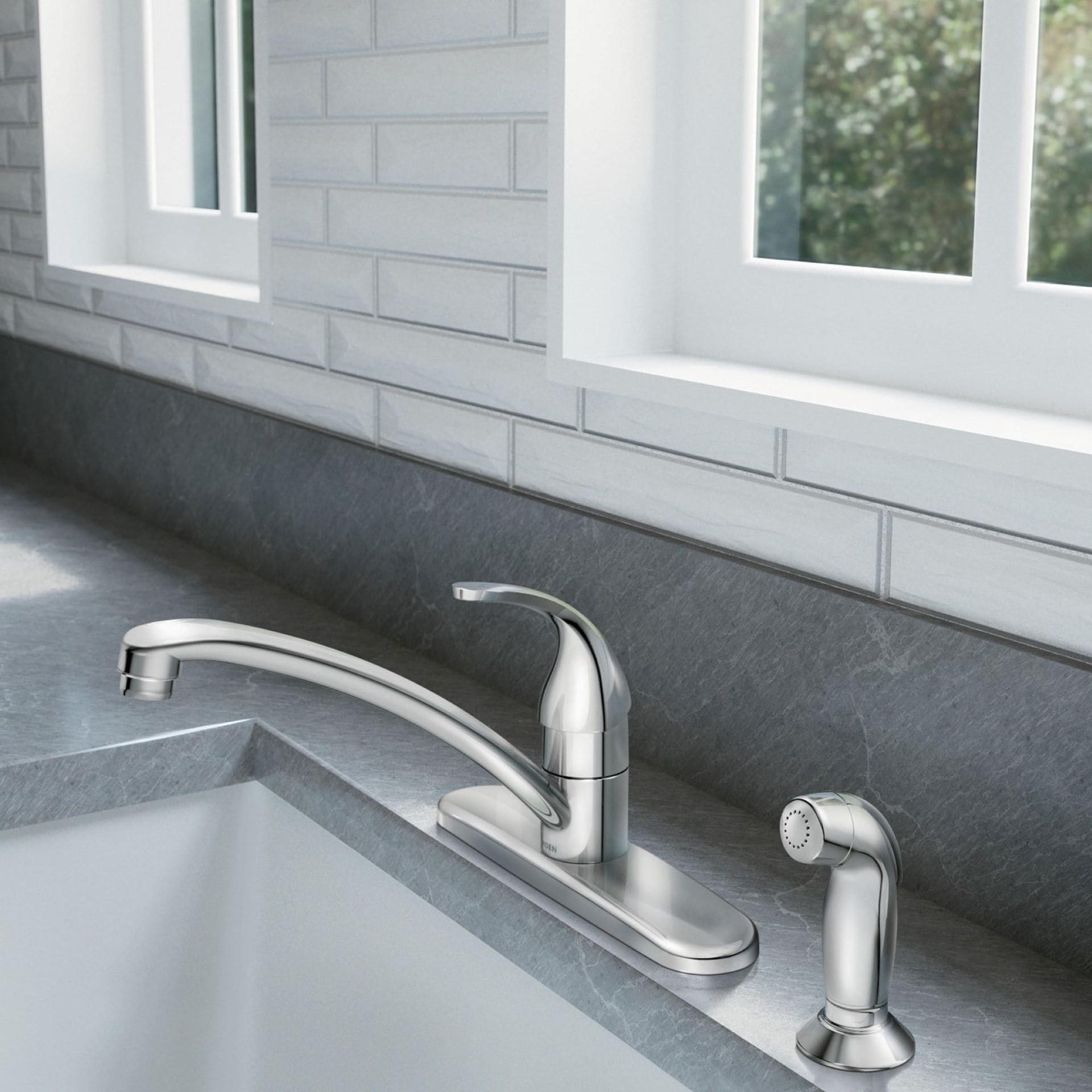 slide 1 of 6, Moen Adler Chrome Single Handle Deck-mount Kitchen Faucet with Sprayer (Includes Deck Plate) (Includes Side Sprayer), 1 ct