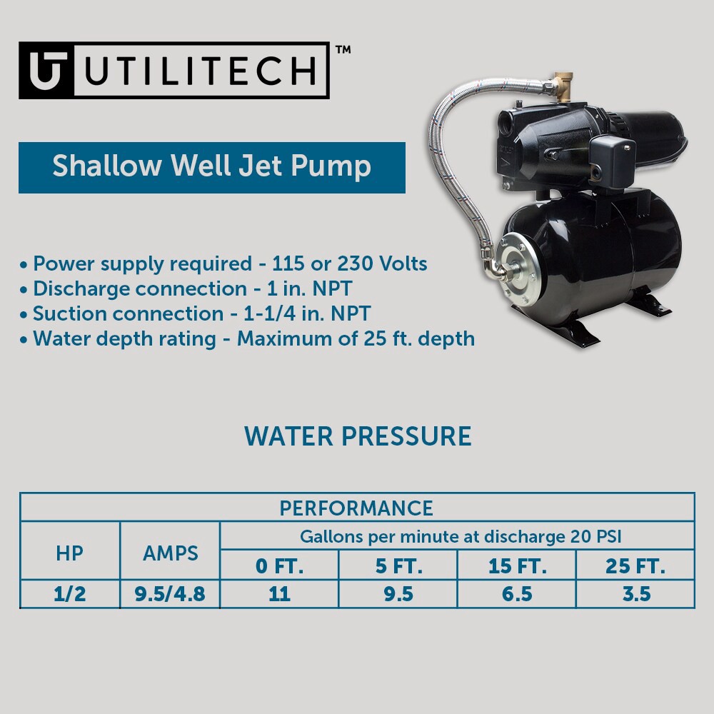 slide 3 of 6, Utilitech 1/2-HP 115 and 230 -Volt 11-Gallon Cast iron Shallow well jet pump, 1 ct