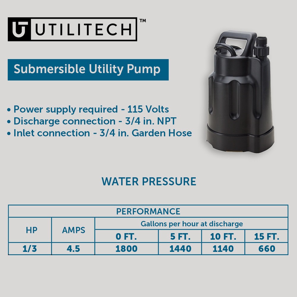slide 3 of 6, Utilitech 1/3-HP 115 -Volt 30-Gallon Thermoplastic Submersible utility pump, 1 ct