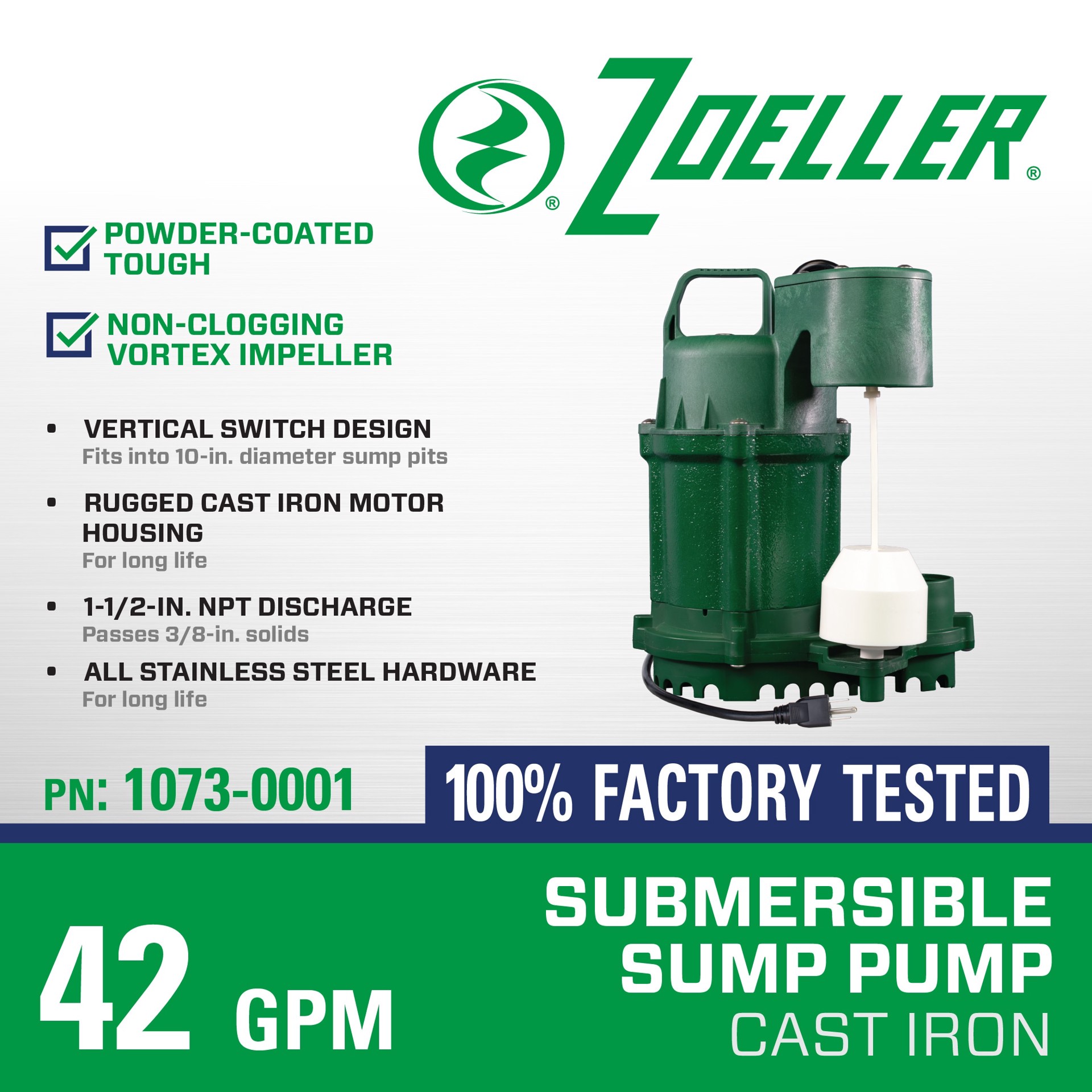 slide 6 of 6, Zoeller 1/3-HP 115 -Volt 42-Gallon Cast iron Submersible sump pump, 1 ct