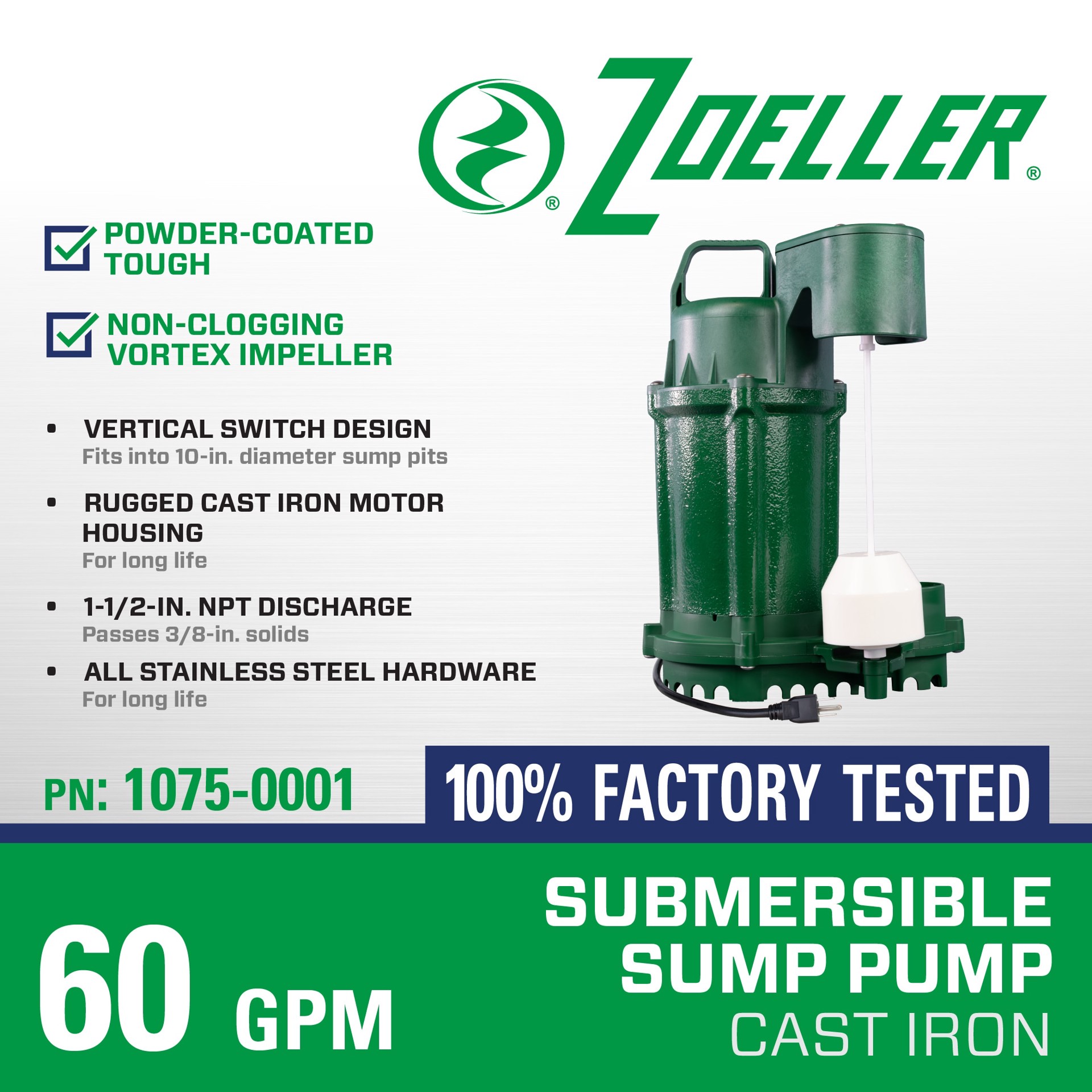 slide 5 of 6, Zoeller 1/2-HP 115 -Volt 60-Gallon Cast iron Submersible sump pump, 1 ct