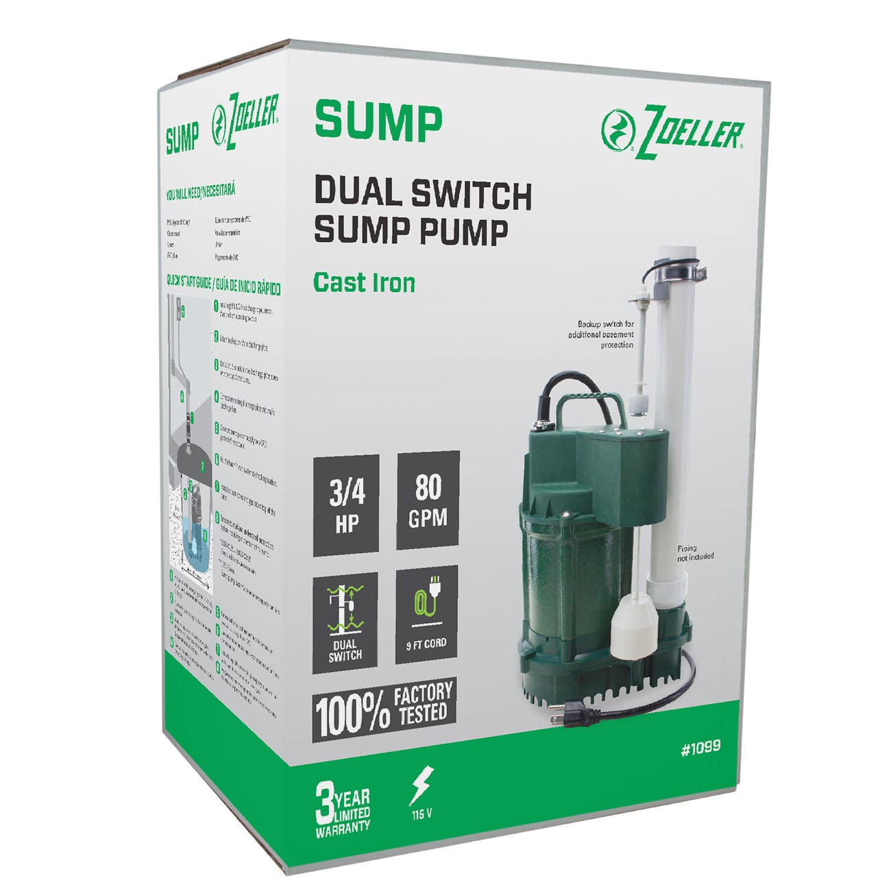 slide 3 of 6, Zoeller 3/4-HP 115 -Volt 80-Gallon Cast iron Submersible sump pump, 1 ct
