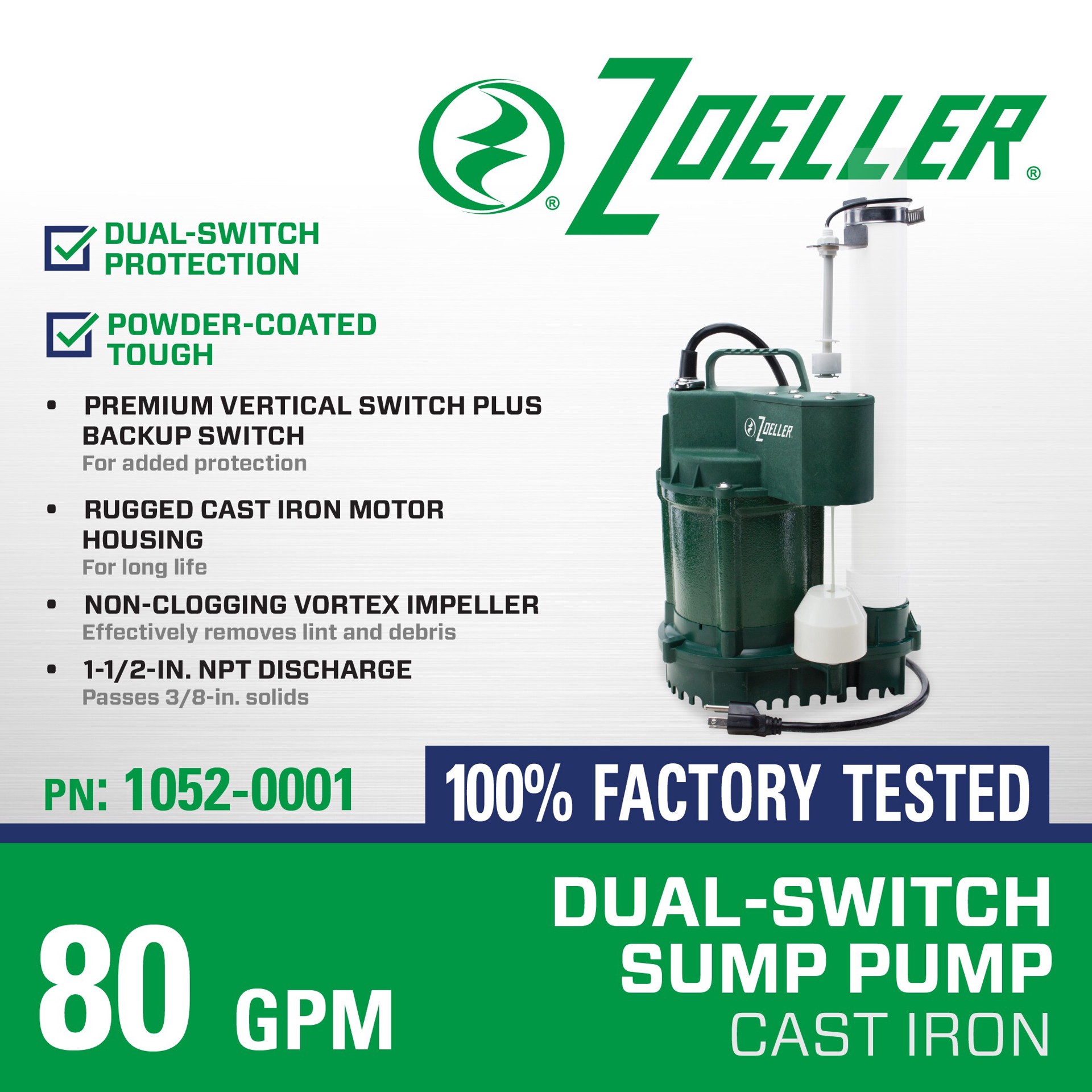 slide 6 of 6, Zoeller 3/4-HP 115 -Volt 80-Gallon Cast iron Submersible sump pump, 1 ct