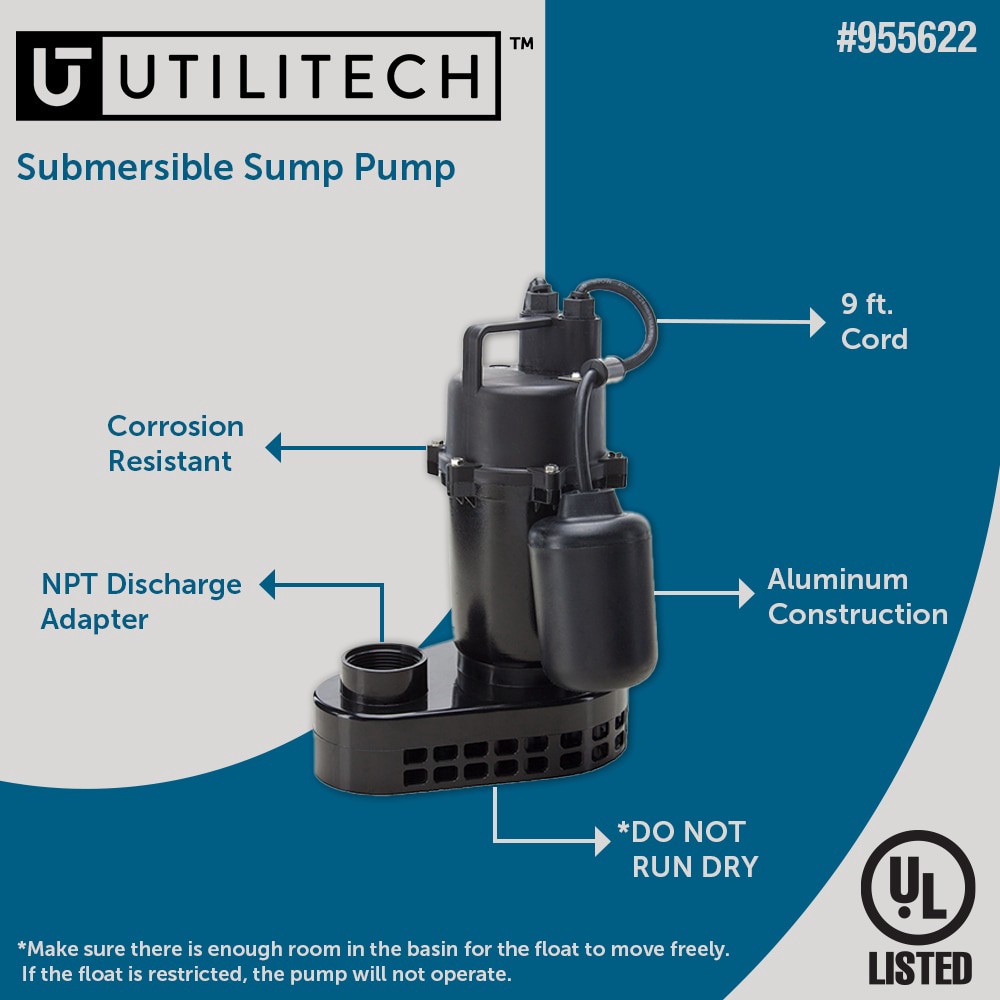 slide 2 of 6, Utilitech 1/3-HP 40-Gallon Aluminum Submersible sump pump, 1 ct