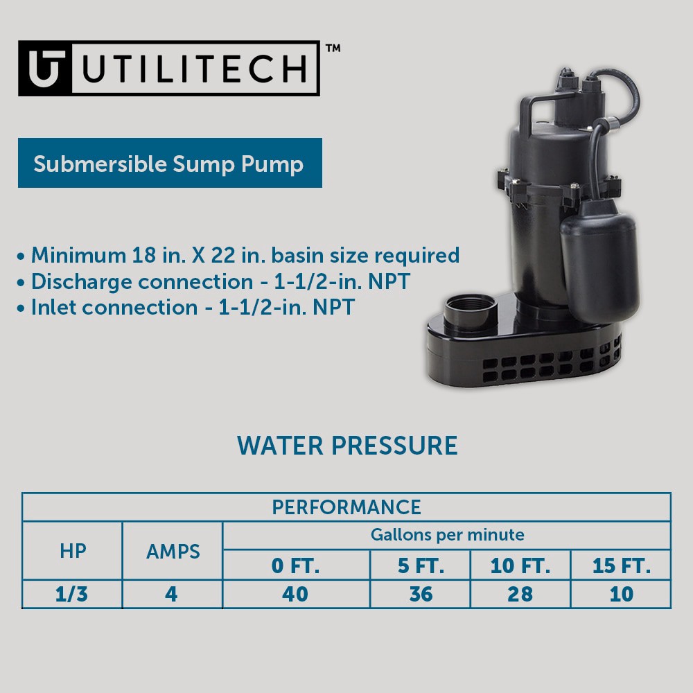 slide 3 of 6, Utilitech 1/3-HP 40-Gallon Aluminum Submersible sump pump, 1 ct