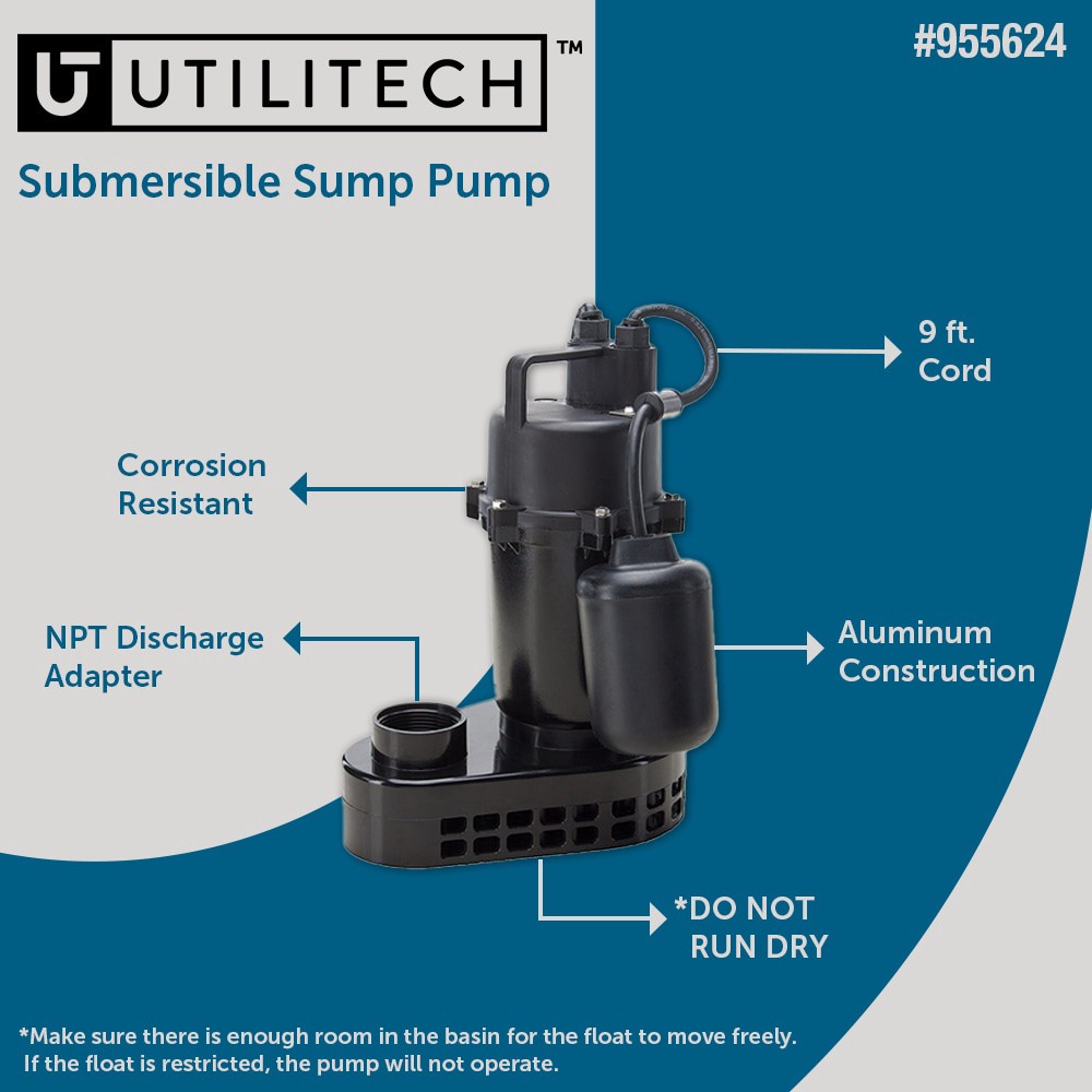 slide 2 of 6, Utilitech 1/2-HP 55-Gallon Aluminum Submersible sump pump, 1 ct
