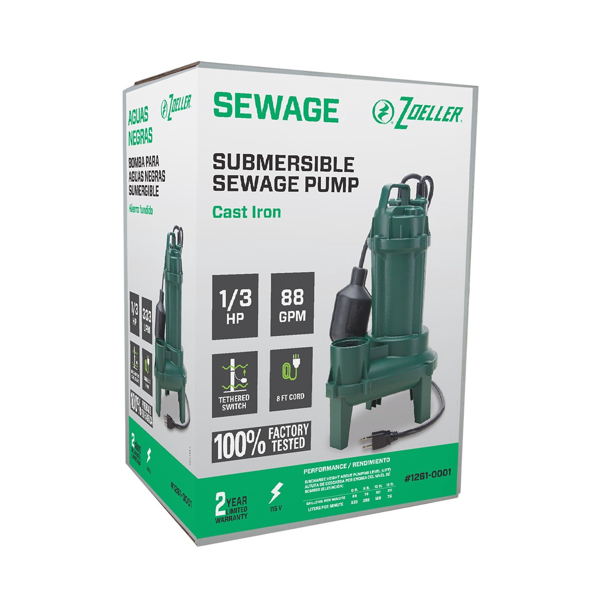 slide 5 of 6, Zoeller 1/3-HP 115 -Volt 88-Gallon Cast iron Sewage sump pump, 1 ct