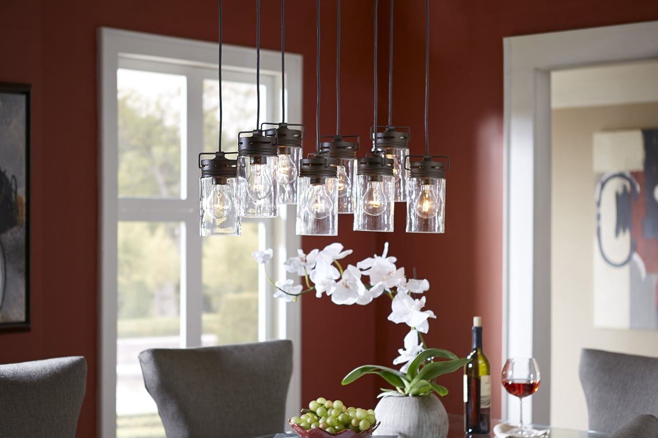 slide 3 of 6, allen + roth Vallymede 8 -Light Aged Bronze Farmhouse Clear glass Jar Large Hanging Pendant light, 1 ct
