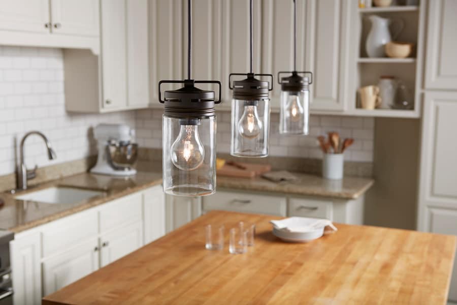slide 5 of 6, allen + roth Vallymede 1 -Light Aged Bronze Farmhouse Clear glass Jar Mini Hanging Pendant light, 1 ct