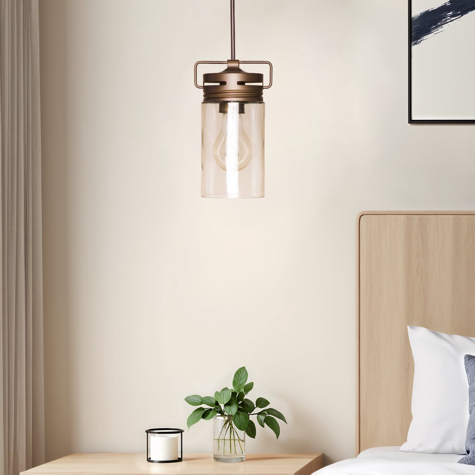 slide 6 of 6, allen + roth Vallymede 1 -Light Aged Bronze Farmhouse Clear glass Jar Mini Hanging Pendant light, 1 ct