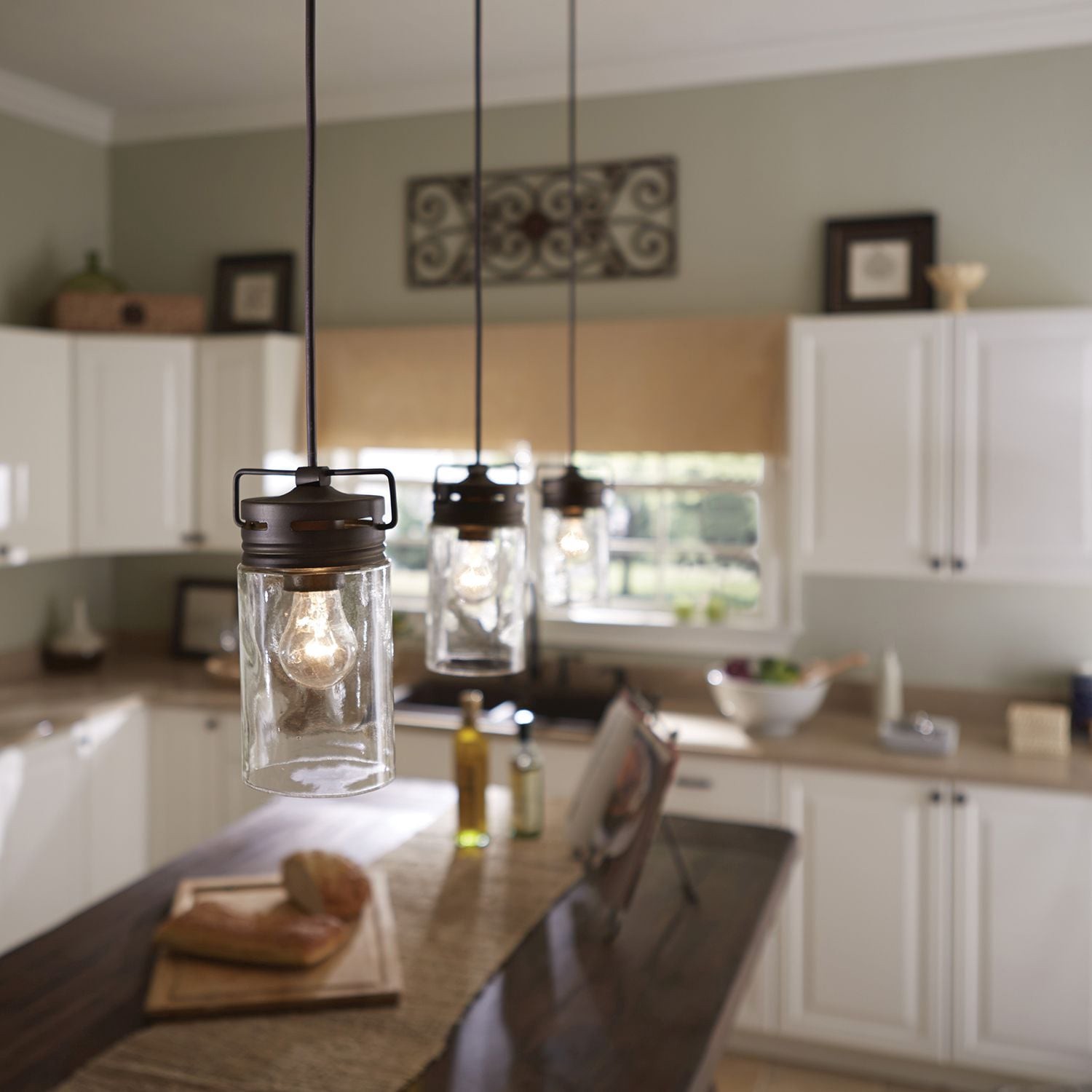 slide 1 of 6, allen + roth Vallymede 1 -Light Aged Bronze Farmhouse Clear glass Jar Mini Hanging Pendant light, 1 ct